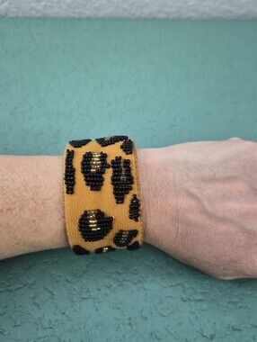 Noonday Wild and Free Leopard Beaded Cuff Bracelet Animal Print Boho Maximalist